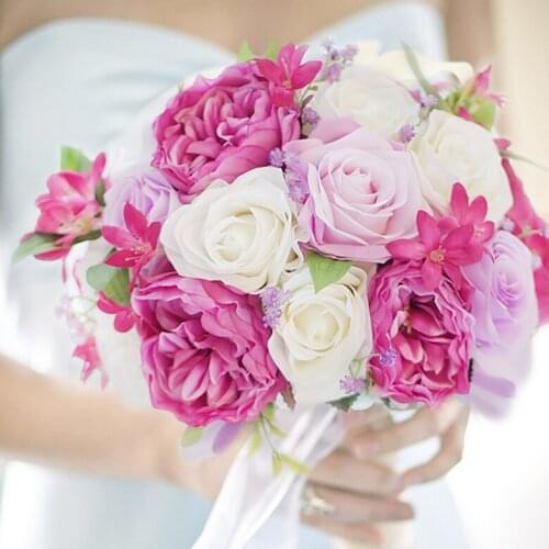 Iffo New Handmade white Pink Austin Rose Bride Bunches Bridesmaid Holding flowers Brilliant Purple Rose Bride Simulation Bouquet