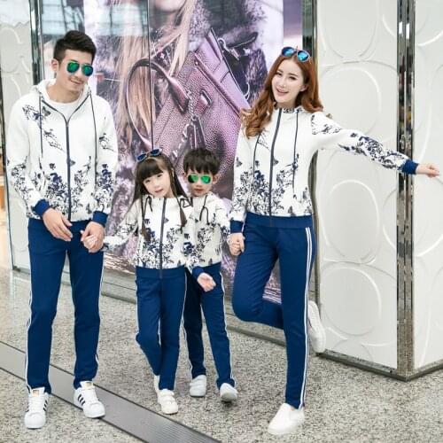 Spring Autumn Family Matching Outfits Dad Mom Son Girl set Sport Suit Hooded Hoodie+Long Pants Flower pattern Sweatshirt Clothes
