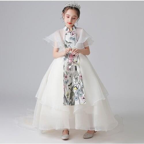 Flower Girl Dresses Illusion High Short Embroidery Princess Floor-Length Tulle Lace Luxury White Vintage Kids Party Gown H646