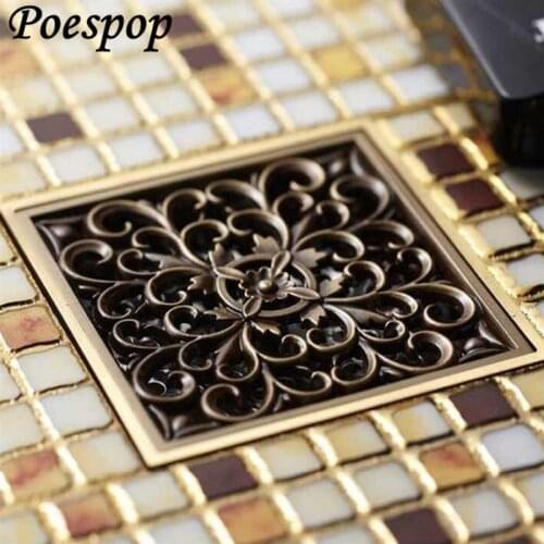 POSEPOP Antique Brass Bathroom Floor Drain Square Shower Waste Water Strainer Tile Insert Bathroom Sink Accessories