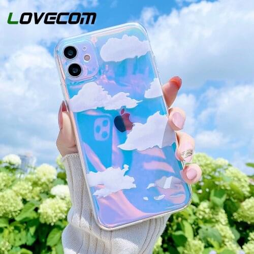 For iPhone 11 Transparent Clouds Purple Laser Anti-knock Phone Case For iPhone 11 12 Pro Max XS Max XR 7 8 Plus Soft IMD Cover