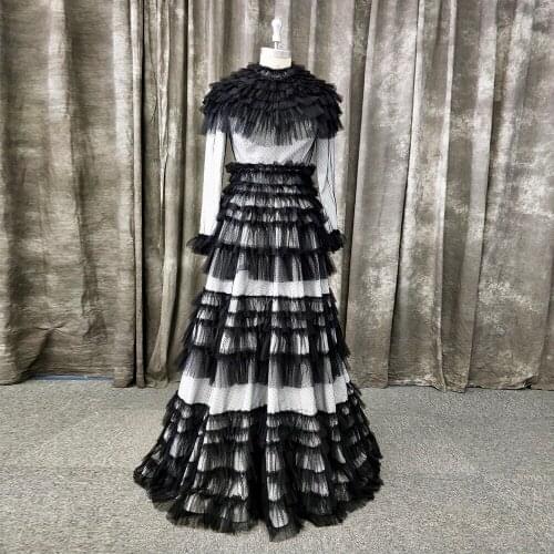 Modest Gothic High Neck Long Sleeve Dot Black Evening Dress Long Gown