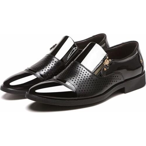 Summer Leather Mens Dress Shoes Breathable Business Patent Leather Male Formal Shoes Slip-On Mens Flat Shoes