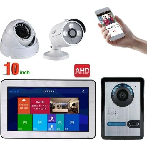 MOUNTAINONE 10 inch Wired Wifi Video Door Phone Doorbell Intercom Entry System and 2CH AHD Security Camera,Support Remote APP