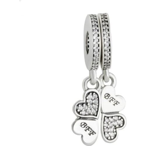 925 Sterling-Silver-Jewelry Best Friends Forever BFF Clover Pendant Charms Fit Pandora Bracelet CZ Pave Hearts Beads Autumn