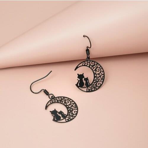 Origin Summer Cute Funny Black Moon Cat Hook Earring for Women Girls Trendy Hollow Metallic Dangle Earring Jewelry Pendientes