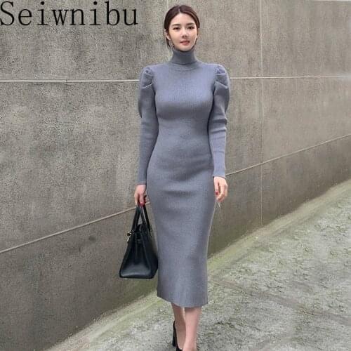 Seiwnibu Elegant Puff Sleeve Women Sweater Dress 2020 Autumn Winter Slim Stretch Bodycon Knitted Dress Ladies Office Dresses