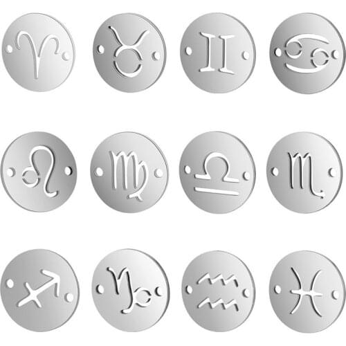 10pcs/lot 316L Stainless Steel Round Connectors 12 Constellations Gold/Steel Decoration Charm Pendant For Bracelets DIY Jewelry