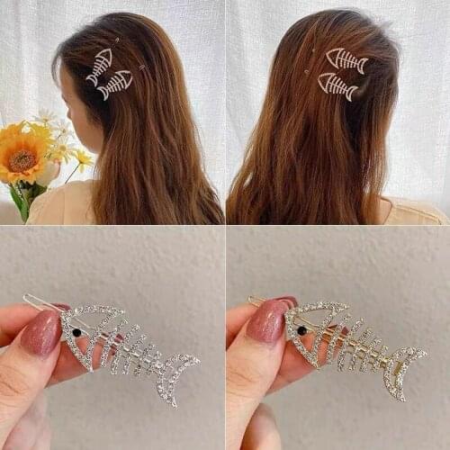 New Hollow Flashing Diamond Fish Bone Frog Clip Temperament Decorative Clip for Women Headwear