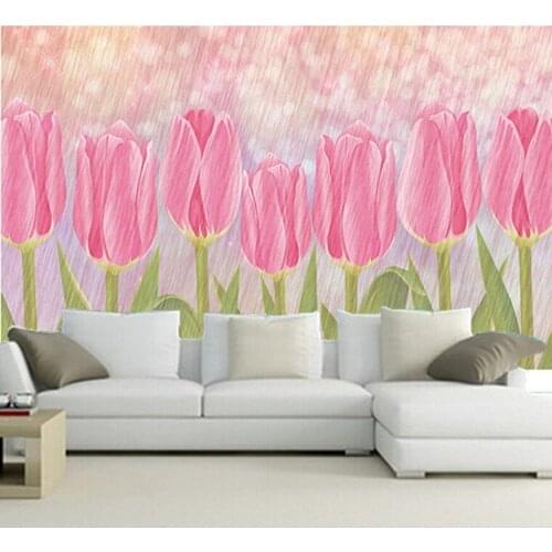 Custom 3D murals,beautiful art pink tulip flowers papel de parede,hotel coffee shop living room sofa TV wall bedroom wall paper