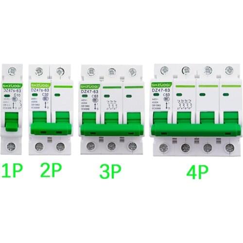 DZ47 1-4 Pole 6A/10A/16A/20A/32A/40A/50A/63A 400V CType Mini Circuit Breaker MCB 35mm Din Rail Mount Breaking Capacity 6KA Green