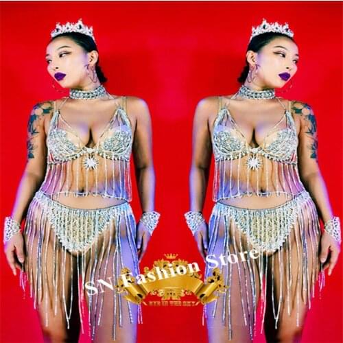 K56 Female Rhinestone bikini tassel bodysuit singer wears dress performance outfit dj bra sexy bodysuit diamonds jumpsuit disco