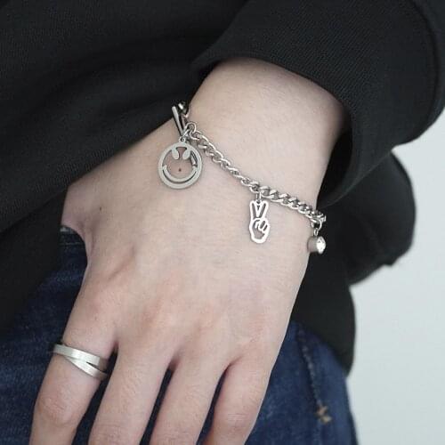 Trendy Smiley Face Charm Bracelet Stainless steel with Rhinestone Victory Hand Star Pop Bracelet for Women Girls Jewelry