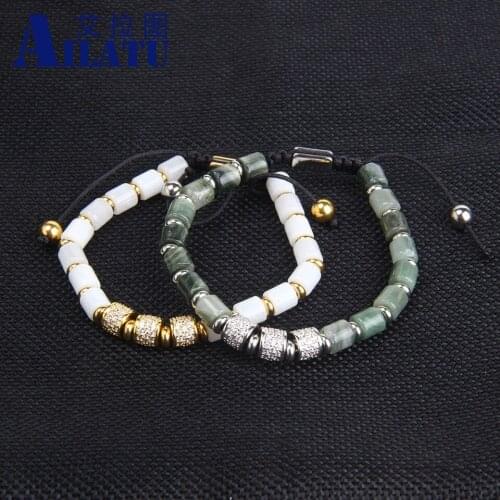 Private Custom Service All-match Natural Stone Tube Bead Jewelry New White Cz Cylinder Macrame Bracelet Free Logo Service