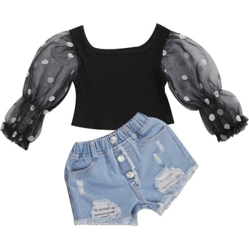 2020 Fashion 2Pcs Toddler Baby Kid Girl Clothes Polka Dots Puff Sleeve T shirt Tops+Denim Shorts Clothes Set