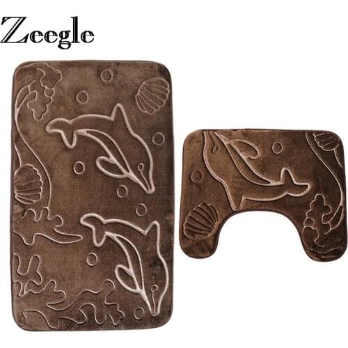 Zeegle 3D Embossing 2Pcs Bath Mat Set Flannel Toilet Rug Sets Anti-slip Bathroom Floor Rugs U-shape Mat Bathroom Carpets