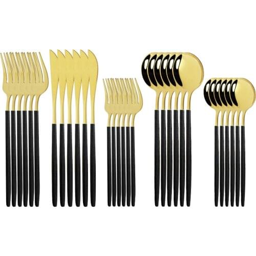 30Pcs/6Set Stainless Steel Dinnerware Cutlery Set Black Gold Cutlery Dessert Spoon Fork Knife Western Silverware Tableware Set
