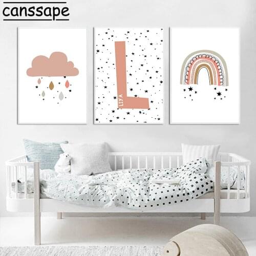 Nursery Wall Art Print Custom Name Canvas Poster Rainbow Stars Prints Cloud Raindrop Paintings Nordic Posters Girl Bedroom Decor