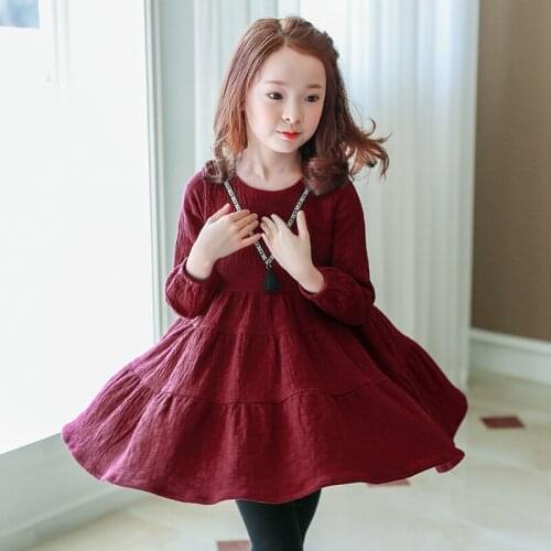 New 2018 Kids Cotton Dress Girls Basic Dress Children Pleated Dress Toddler Comfortable Dress Toddler Winter Clothes,3-14Y,#2422