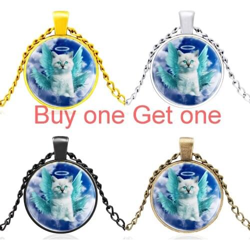 New Arrival Angel Cat Black Glass Dome High Quality Charm Pendant Necklace Men Women Jewelry Accessories Gifts
