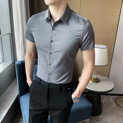 Solid Color Shirts for Men Business Short Sleeve Slim Casual Shirt Streetwear Social Party Nightclub Blouse Camisas Para Hombre