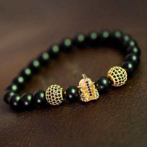 Luxury Gold Helmet Men Bracelet Homme Fashion CZ Ball Black Stone Beads Charm Bracelets For Men Jewelry