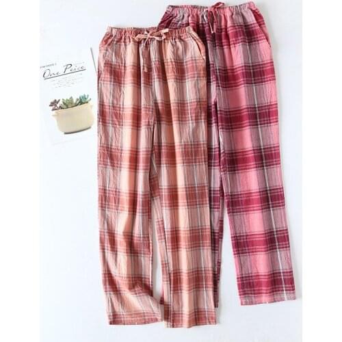 Spring Pants Women Loose Plaid Cotton Sleep Bottoms Gauze Simple Casual Sleepwear Elastic Waist Pajama Pants Sleeping Clothes