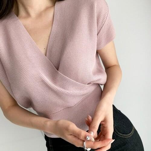 2021 Fashion V-Neck Women Shirts Korean Summer Cross Waist Sexy Knit Top Shirt Women Blouses and Top Short Sleeve Clothing 15751