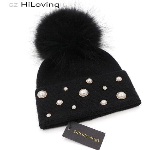 GZHilovingL New Women Winter Hat With Pompom Pearl Hat For Women Girls Soft Winter Wool Beanie Knitted Hat Fur Ball Skullies Cap