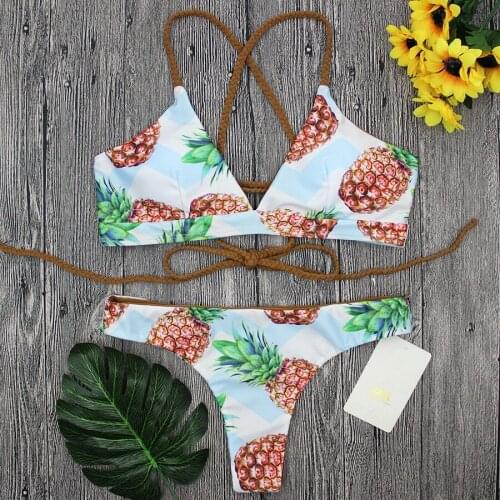 By dhl 100pcs new Women Bandage Bikinis Swimwear Female Sexy Push up Swimsuit Back Strappy Pineapple Print Bikini Set Beachwear