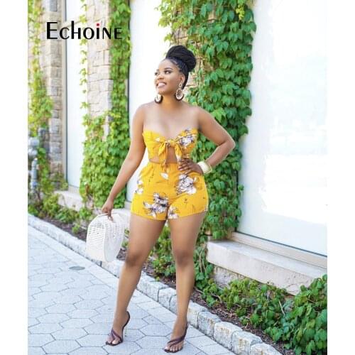 Echoine Two Piece Set Woman Sexy Floral Printed Sleeveless Lace Up Tube Top With Shorts Beach Party Casual Outfits Summer New