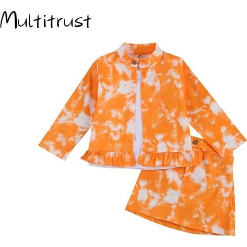 2-7Y Children Girls Clothing Sets Toddler Kids Girls Tie Dye Ruffles Long Sleeve Coat Jacket+T-shirts+A-line Skirts Outfits