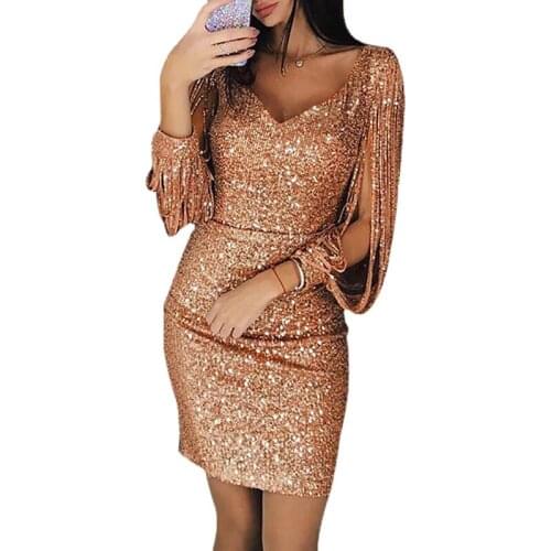 Summer Dress Women Sexy V-Neck Bodycon Gold Solid Sequined Stitching Shining Tassel Long Sleeve Mini Dress