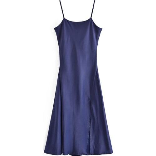 Women Solid Color Sexy Spaghetti Strap Midi Dress Chic Side Split Back Zipper Dresses Female Fashion A Line Dress