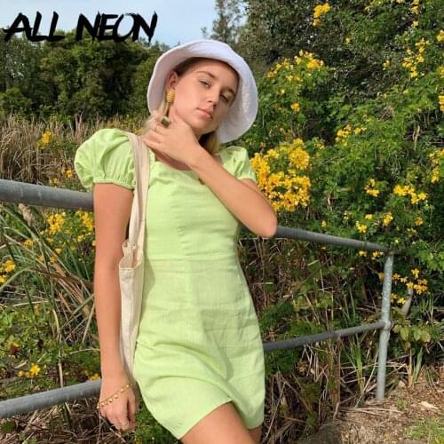 ALLNeon 2000s Aesthetics Sweet Square Collar Green Dresses Y2K Fashion Cute Puff Sleeve A-line Dress Vintage Outfits Streetwear