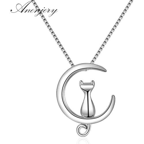 ANENJERY 925 Sterling Silver Necklace For Women Moon Kitten Cat Necklaces & Pendants Box Chain kolye S-N187