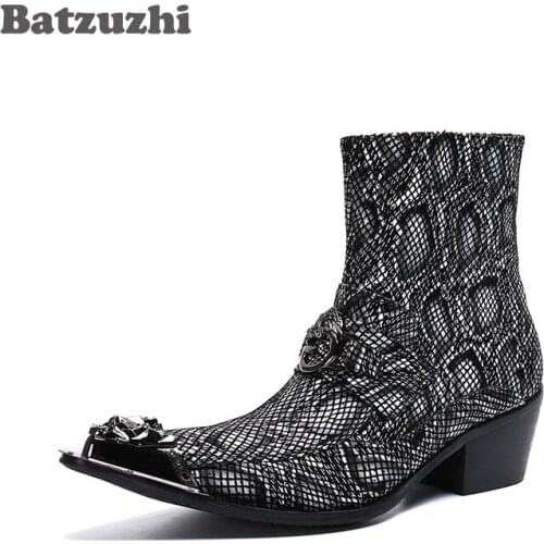Batzuzhi Leather Boots Men Ankle Western Handsome Men Shoes Pointed Iron Tip Motorcycle Party Boots Male, Sizes 38-46, US12