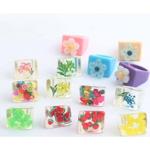 Transparent Resin Fruit Rings for Women Girl DIY Crafted Summer Stawberry Geometric Square Pattern Finger Ring Jewelry Gifts