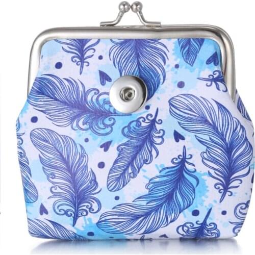 Feather Art PU Leather 18mm Snap Button jewelry Coin Purses Small-Wallets Money-Bags For girls gift QB552