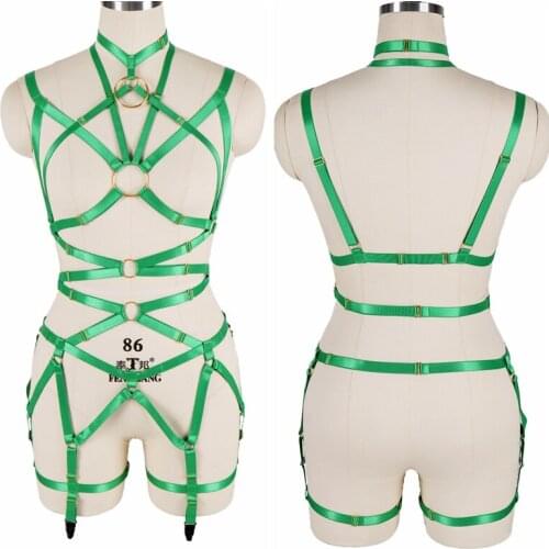 Summer Green Harness Belt Set Cage Body Strappy Top Punk Gothic Metal Ring Party Dance Leg Garter Suspender Elastic Lingerie