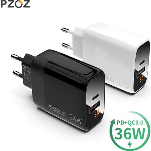 PZOZ PD 18W Quick Charge 3.0 USB Charger 36W Fast Charging LED Display EU Wall Adapter For iphone11 8 7 6s xiaomi redmi note 9s
