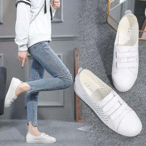 Hollow Out hook&loop small white shoes women loafers moccasins woman flats all-match student breathable sneakers plus size 34-43
