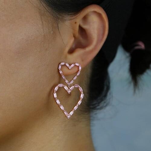 Heart earring Pink baguette cubic zirconia hollow heart shaped charm dangle drop earring girlfriend gift