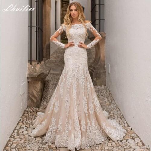Lhuilier Elegant Boat Neck Lace Mermaid Wedding Dresses 2021 Full Sleeves Floor Length Bridal Gowns with Detachable Train