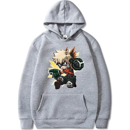 My Hero Academia Katsuki Bakugo Printing Men/Women Hoodie Long Sleeve Crew Neck Fashion Designer Streetwear Grey