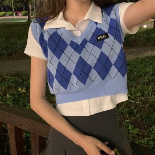 Vintage Y2k Letter Argyle V-Neck Knitted Sweater Vest Women 2021 Summer Sleeveless Crop Tops Casual Preppy Style Slim Streetwear