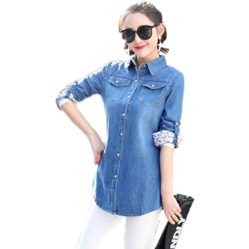 Womens Chambray denim Shirts Blouses long-sleeved autumn Snap Button Cotton Ladies Jeans Shirt Camisa Blusa Camisetas Femininas