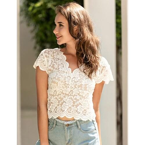 Women Blouse Shirts See Through Lace Blouse Scalloped Sheer Floral Lace V Neck V Back Summer Holiday Beach Party Short tunic Top