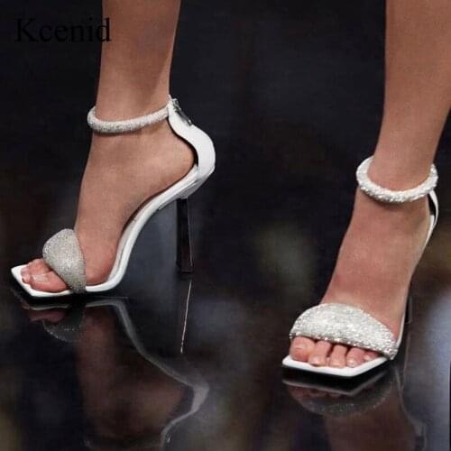 Kcenid Rhinestone Sexy Women Sandals 2021 Summer PU Leather High Heels Pumps Crystal Ankle Strap Night Club Party Prom Shoes