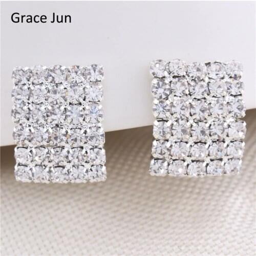 Grace Jun New Rhinestone Clip Earrings Without Piercing for Women Fashion Jewelry No Ear Hole Ear Clip Wedding High Quality